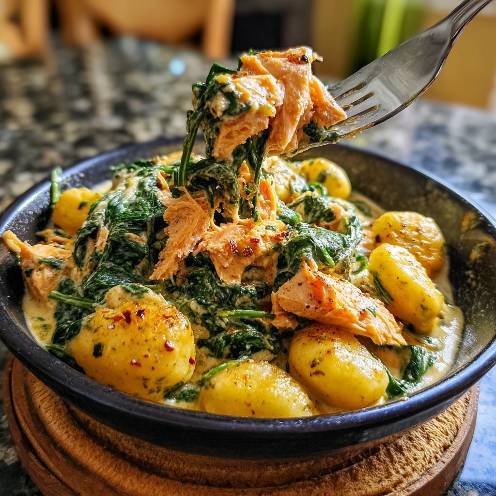 Cremige Lachs Spinat Gnocchi