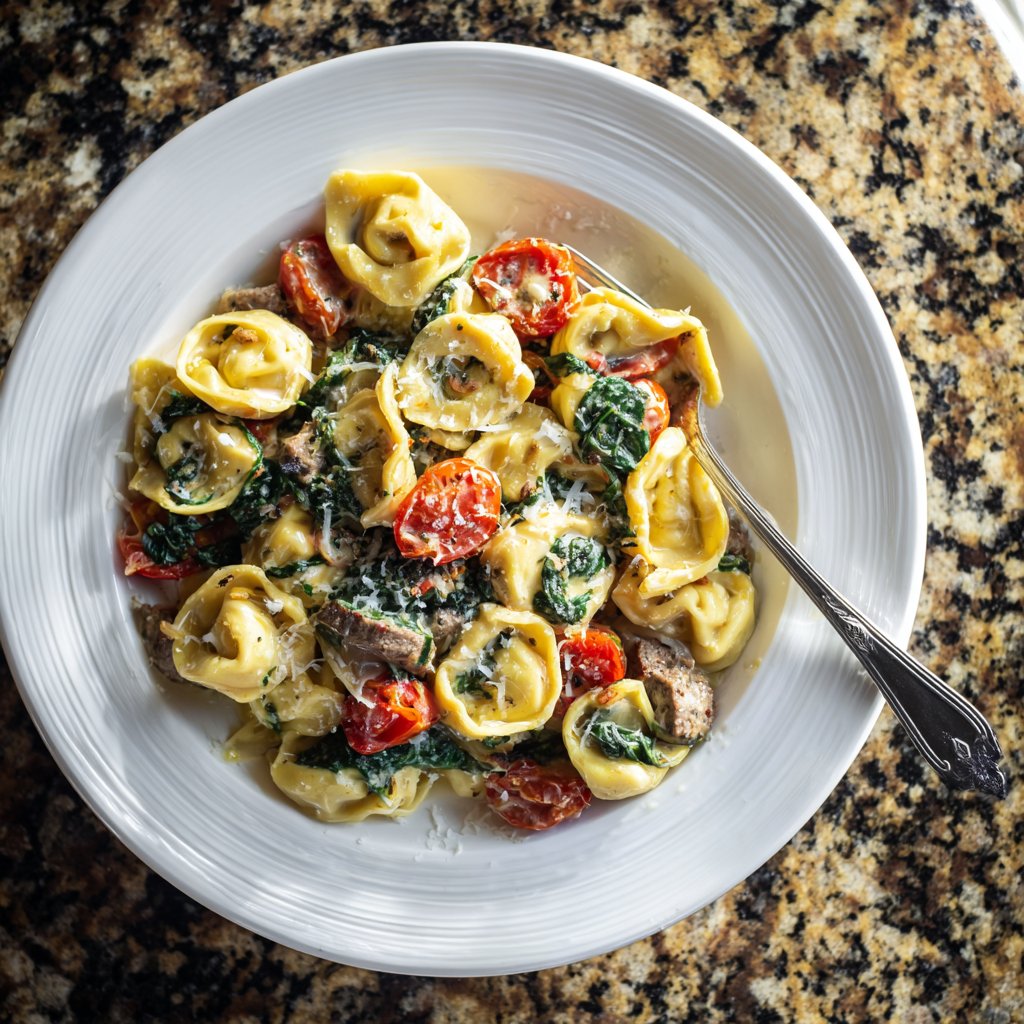 Knoblauch Steak Tortellini mit Spinat und Kirschtomaten