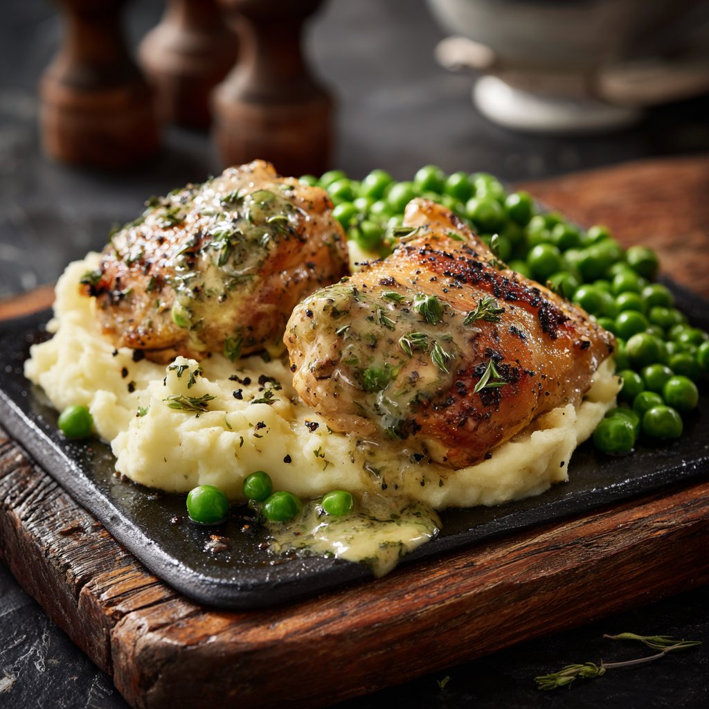 Cremiges Kräuterhähnchen mit Kartoffelpüree und Erbsen