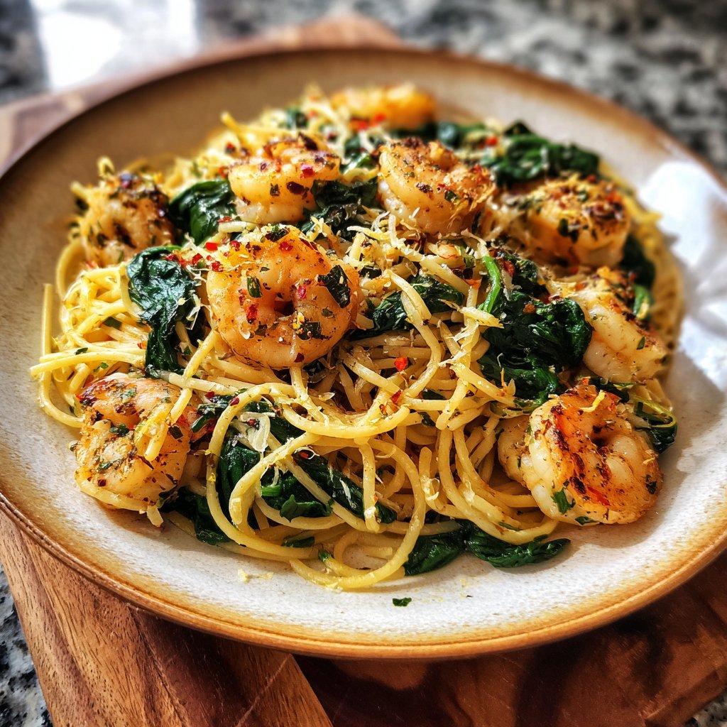 Pasta mit Zitronen-Garnelen und Spinat
