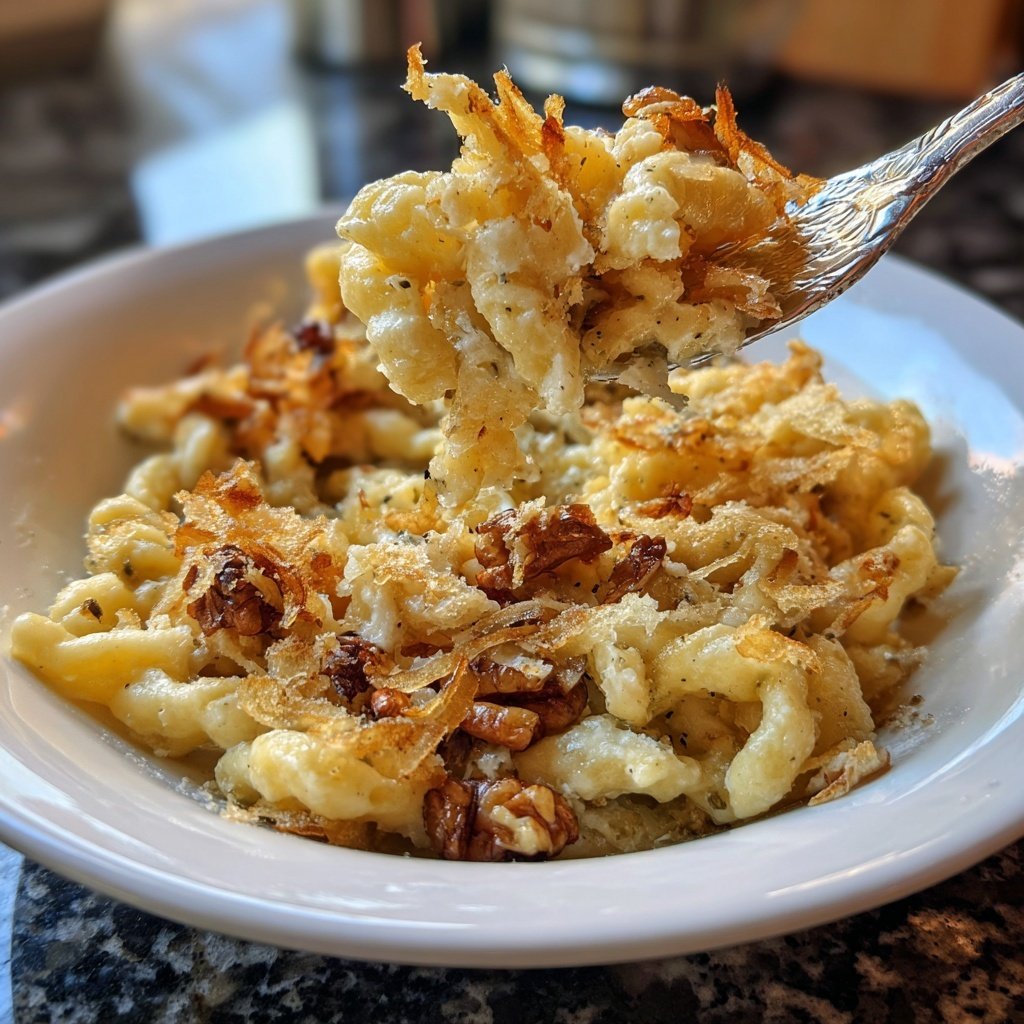 Käsespätzle mit Birnen und Walnüssen