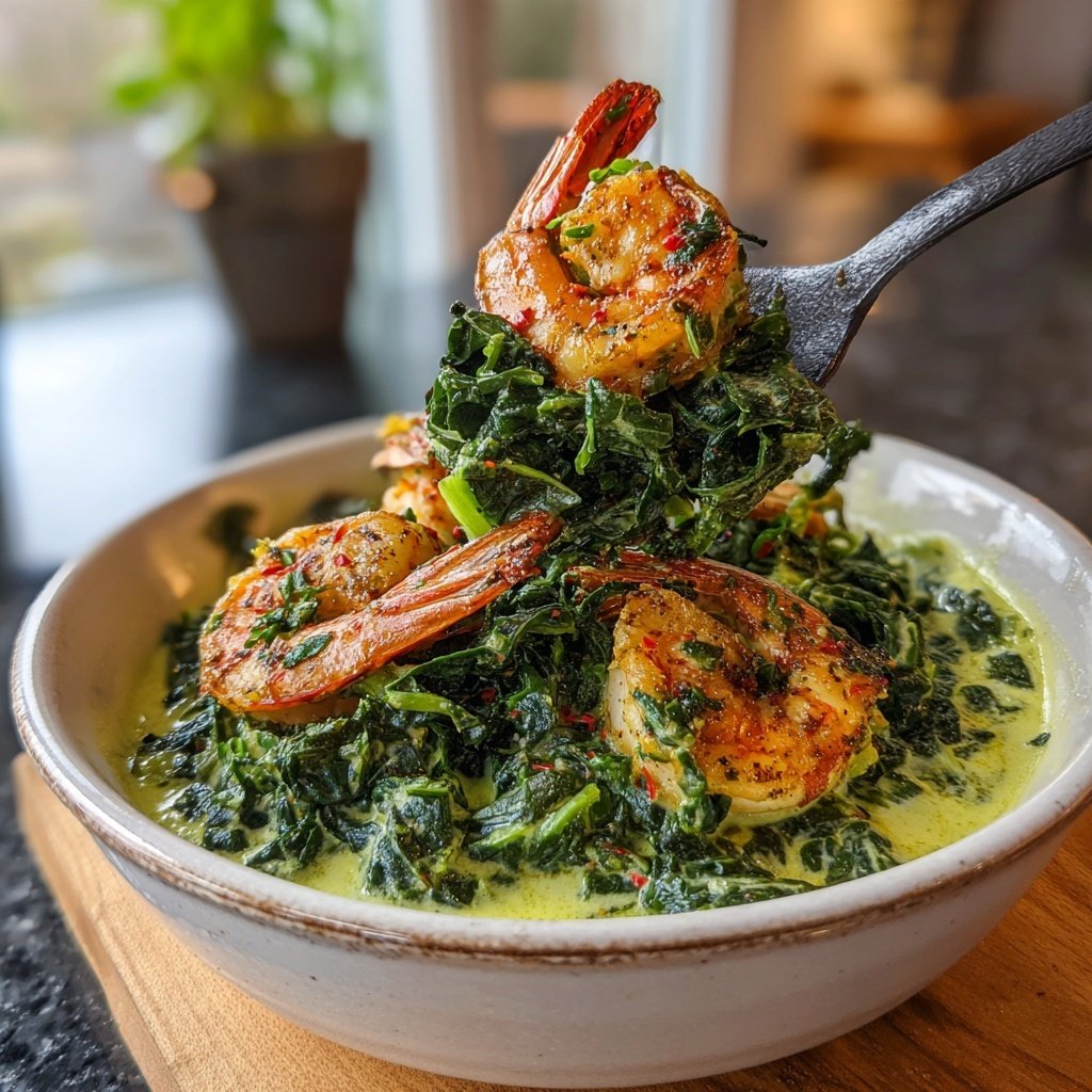 Scharfe Garnelen Blumenkohlbrei Grünkohl