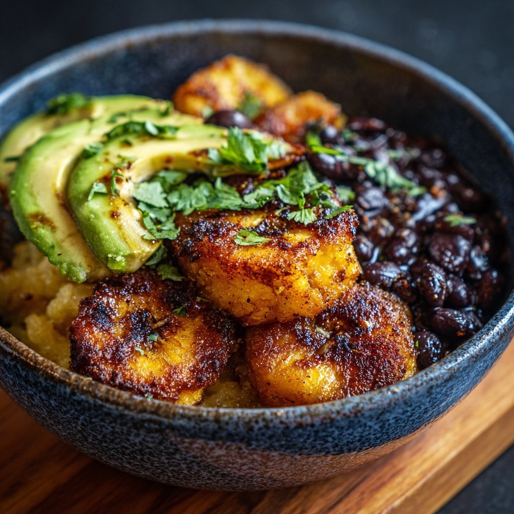 Karibische Kochbananen Schwarzbohnen Bowl